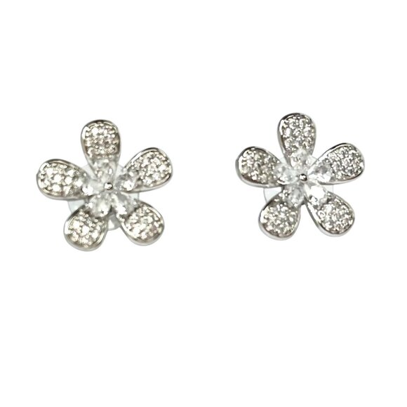 Sparkling Flower-Shaped Silver-Tone Stud Earrings Elegant Crystal Petal Design - Picture 3 of 6